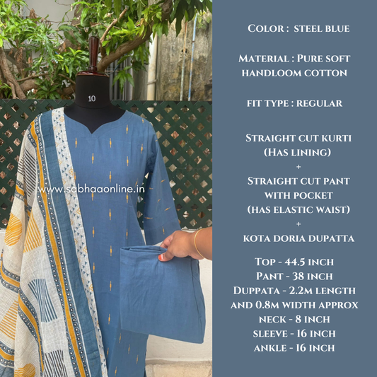 Radhini - Steel Blue Soft Handloom Cotton Kurti 3pc set with lining - LN 76