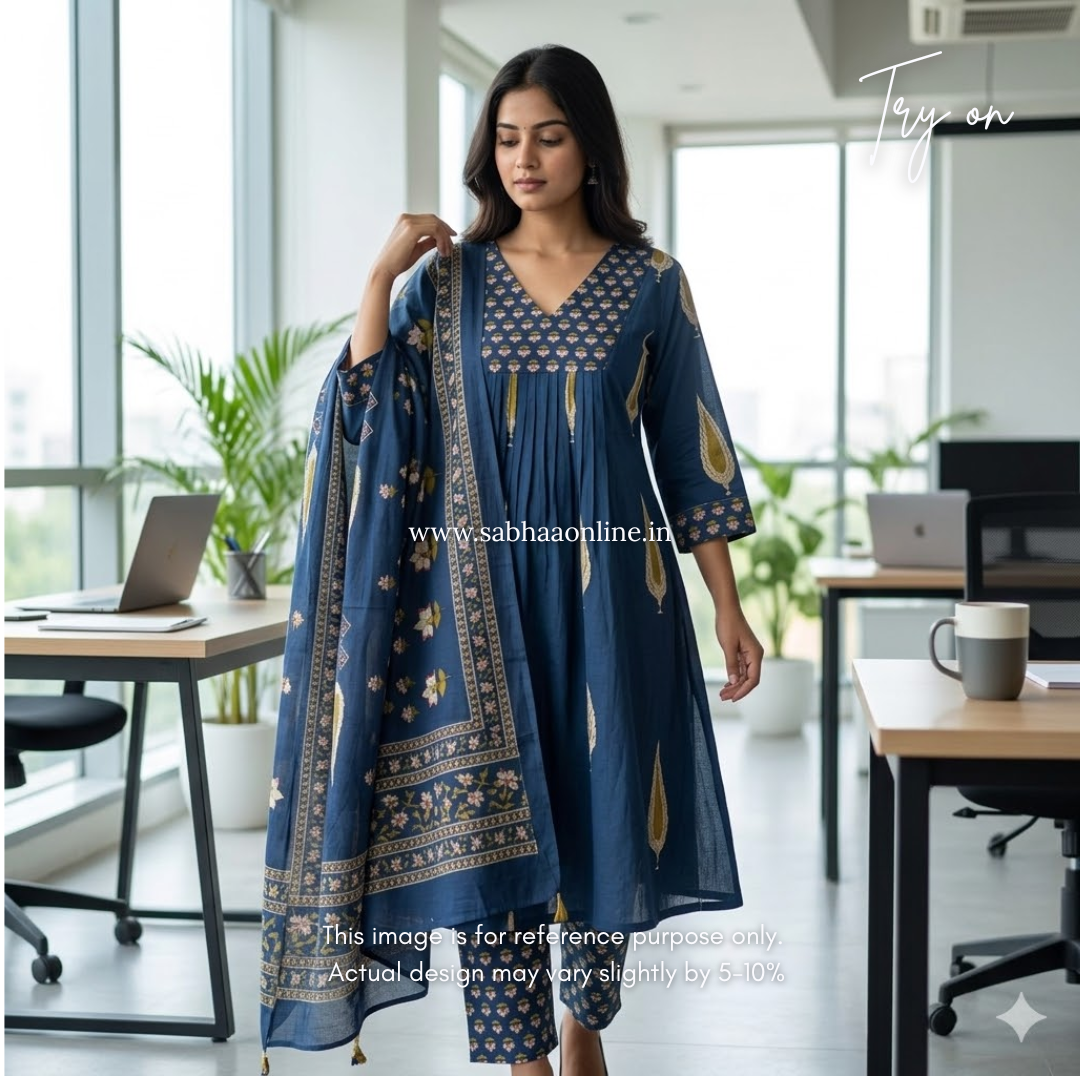 Siyara - Navy Blue Aline Cotton kurti 3pc set with lining - Size XL 42 only -  LN 52
