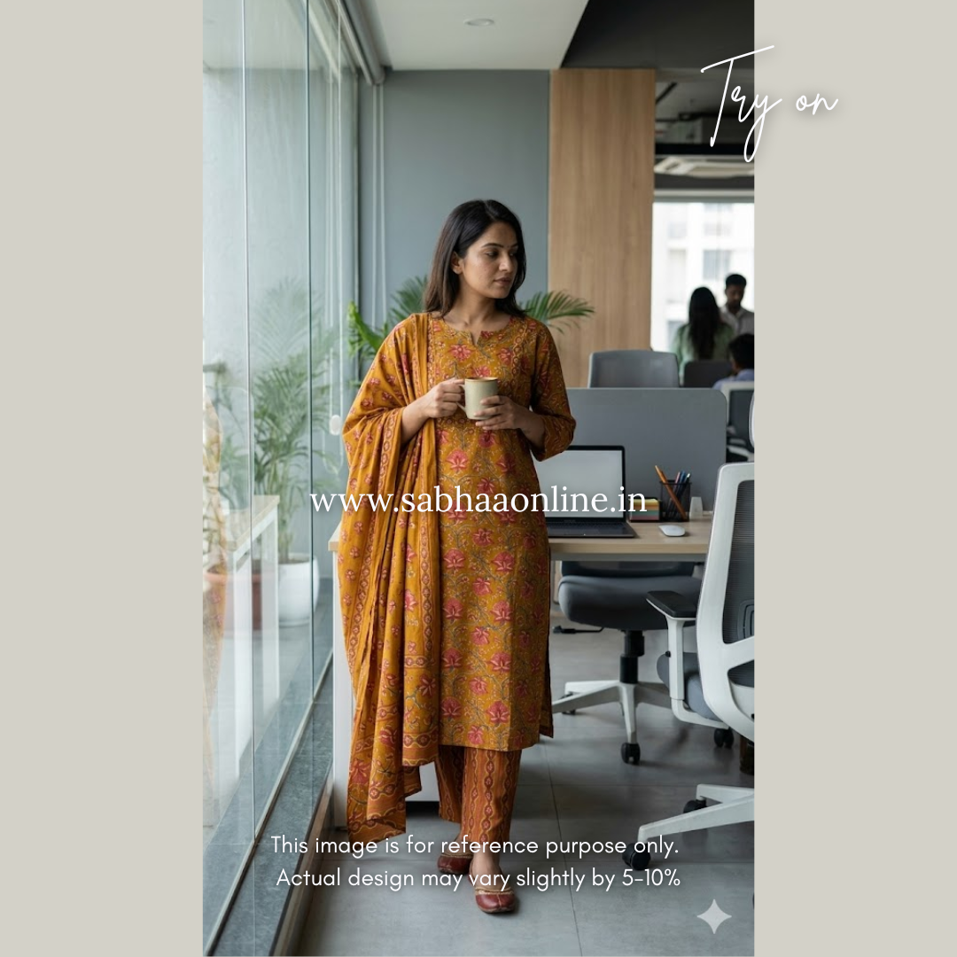 Mugdha - Mustard Yellow Cotton kurti 3pc set - LN 54