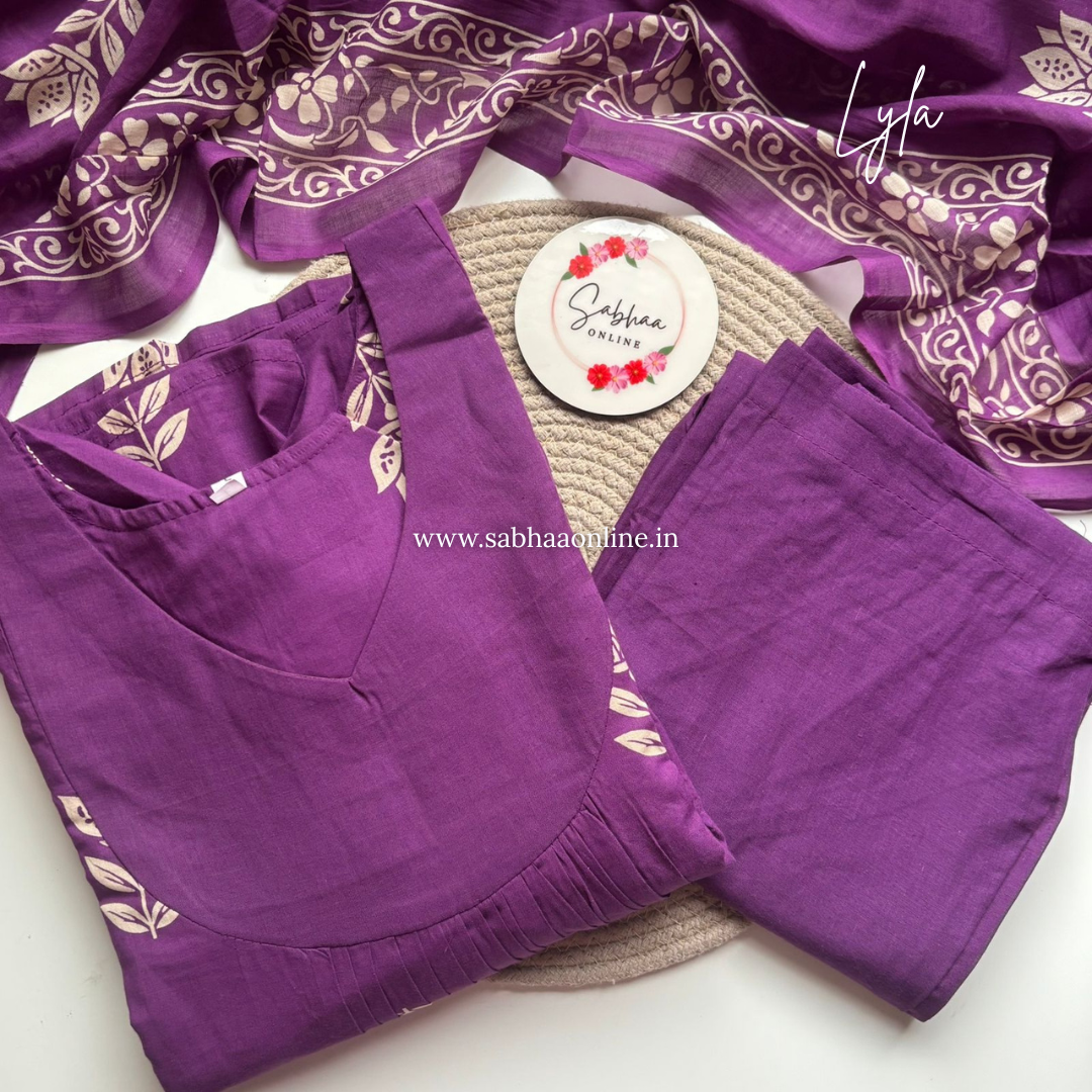 Lyla - Purple Aline Cotton kurti 3pc set with lining - LN 52