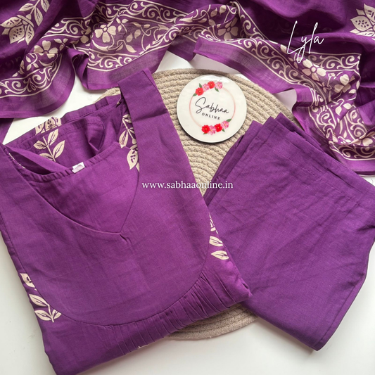 Lyla - Purple Aline Cotton kurti 3pc set with lining - LN 52