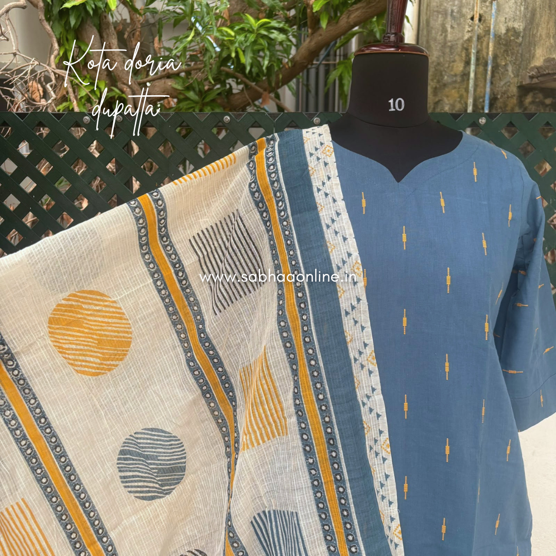 Radhini - Steel Blue Soft Handloom Cotton Kurti 3pc set with lining - LN 76