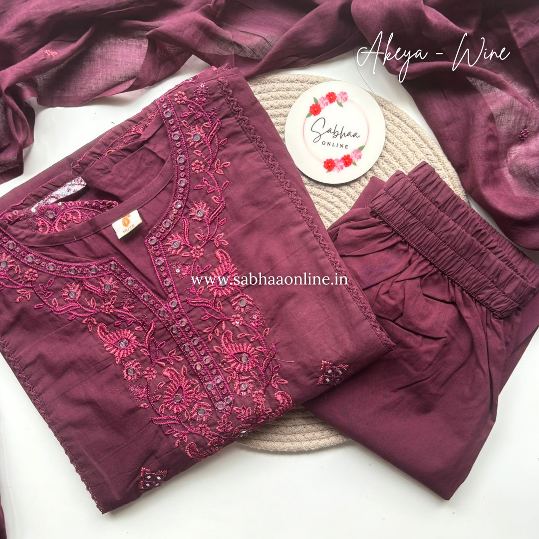 Akeya - Wine Anarkali Cotton kurti 3pc set with lining - LN 56