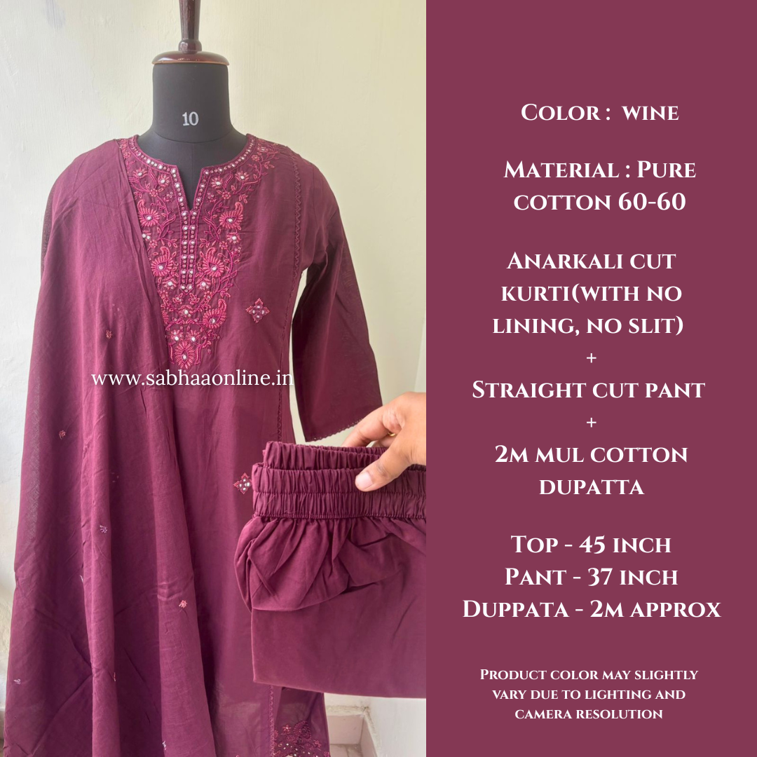 Akeya - Wine Anarkali Cotton kurti 3pc set with lining - LN 56