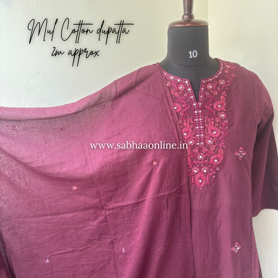 Akeya - Wine Anarkali Cotton kurti 3pc set with lining - LN 56
