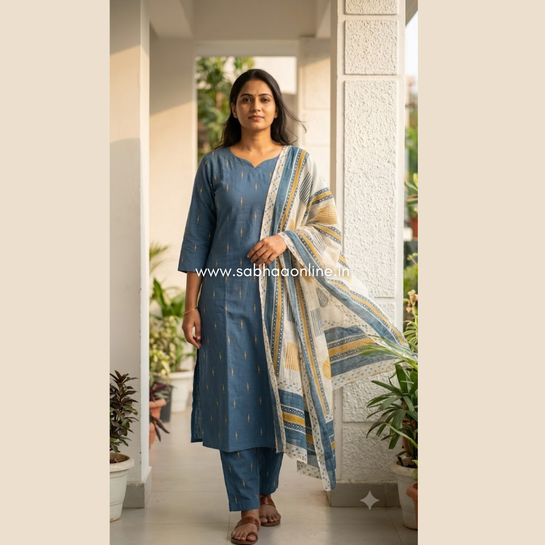 Radhini - Steel Blue Soft Handloom Cotton Kurti 3pc set with lining - LN 76