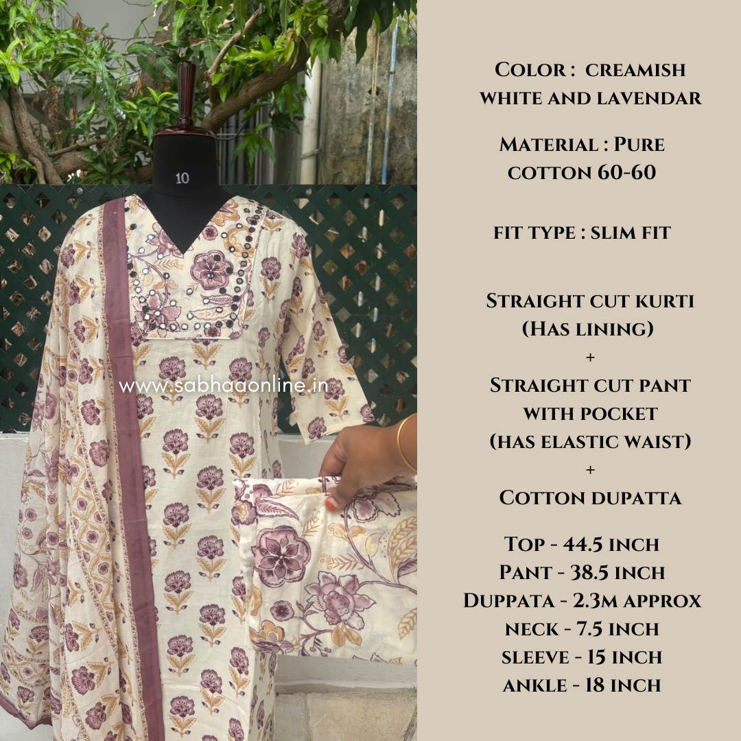 Emily - Creamish white and lavendar Cotton kurti 3pc set with lining (Slim fit) - LN 76