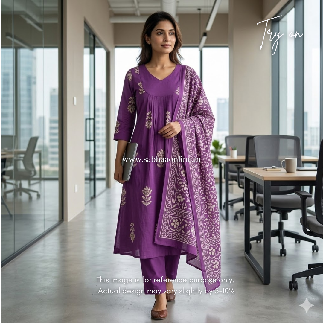 Lyla - Purple Aline Cotton kurti 3pc set with lining - LN 52