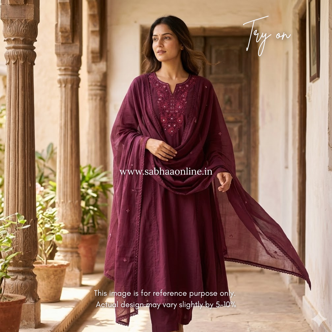 Akeya - Wine Anarkali Cotton kurti 3pc set with lining - LN 56