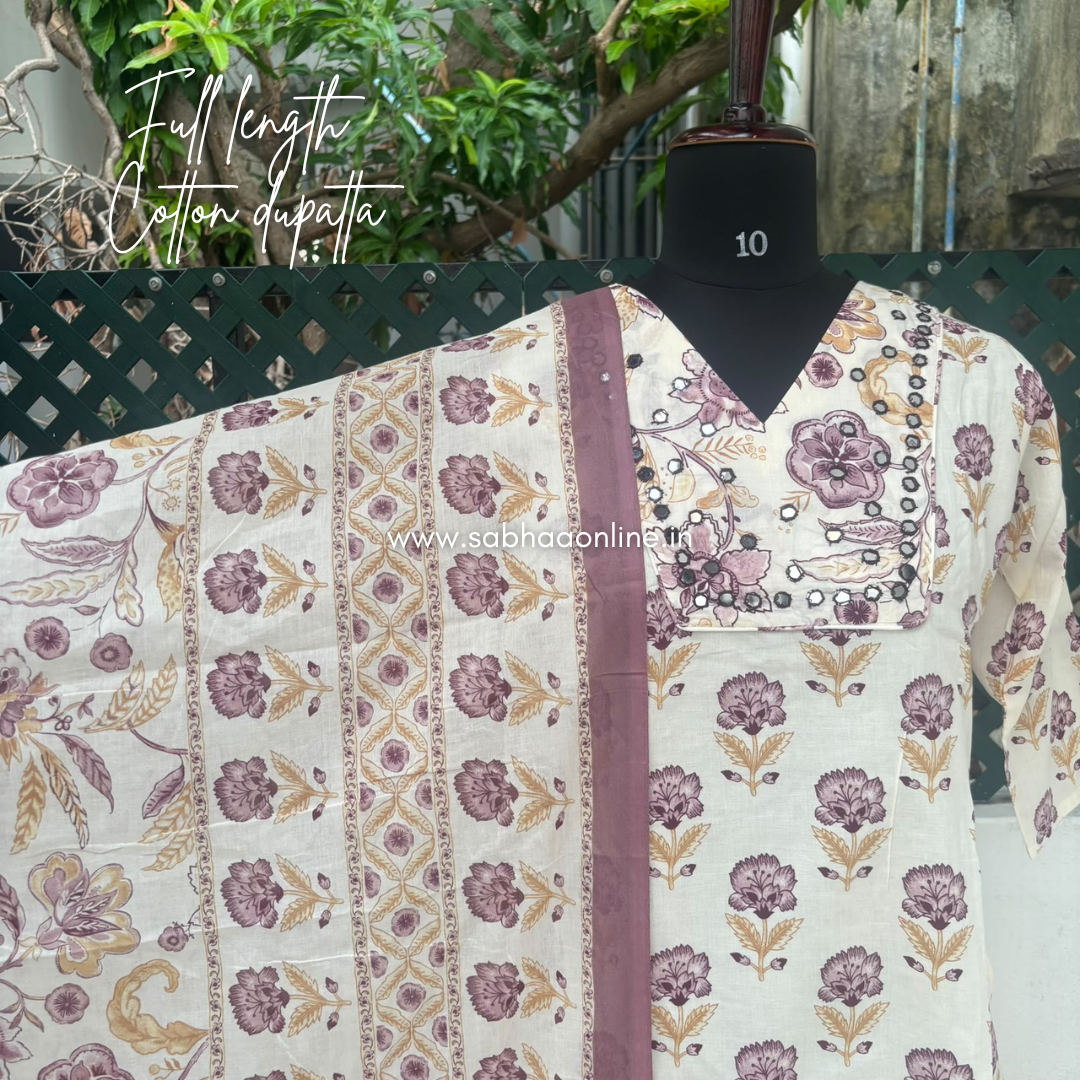 Emily - Creamish white and lavendar Cotton kurti 3pc set with lining (Slim fit) - LN 76