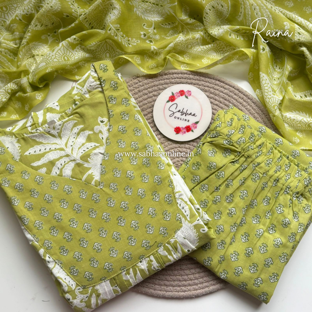 Raina - Pista Green Aline Cotton kurti 3pc set with lining - LN 52