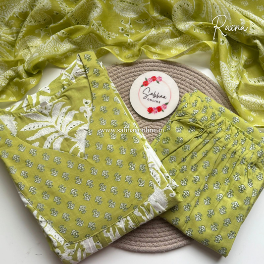 Raina - Pista Green Aline Cotton kurti 3pc set with lining - LN 52