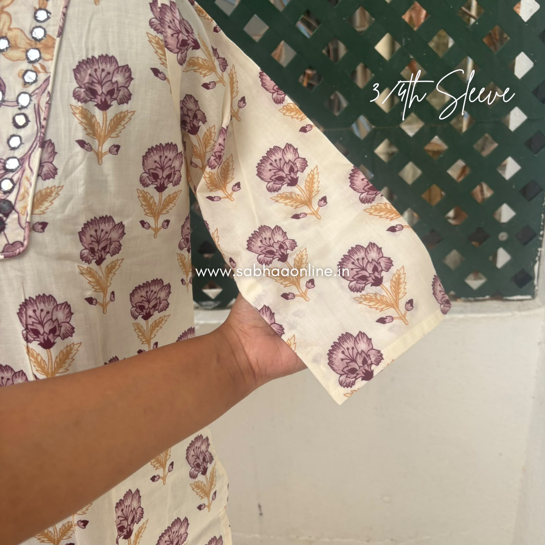 Emily - Creamish white and lavendar Cotton kurti 3pc set with lining (Slim fit) - LN 76