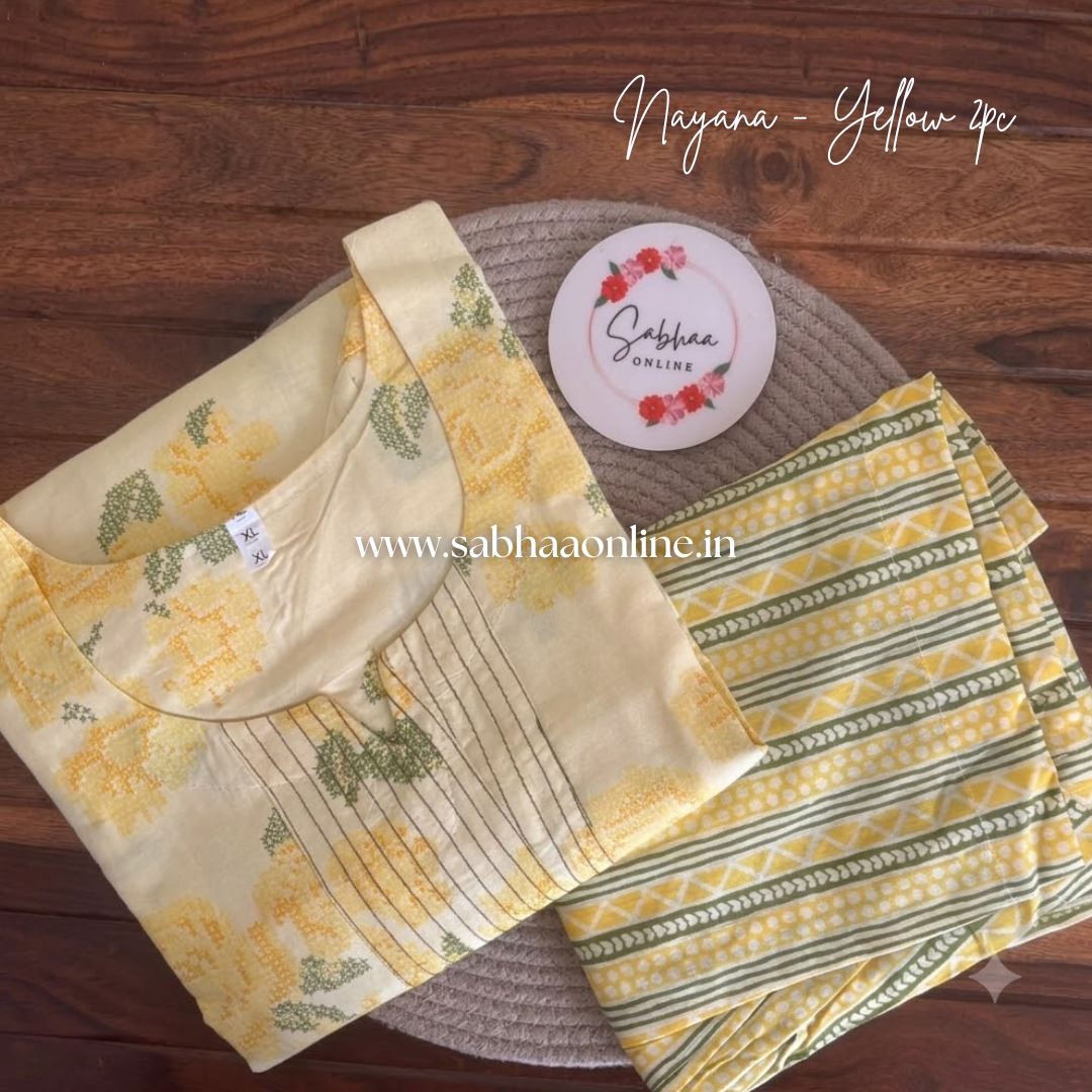 Nayana - Butter yellow cotton kurti pant set with lining (no duppata included)