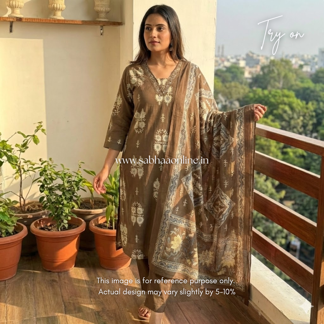 Sujana - Grey Brown Cotton kurti 3pc set - LN23