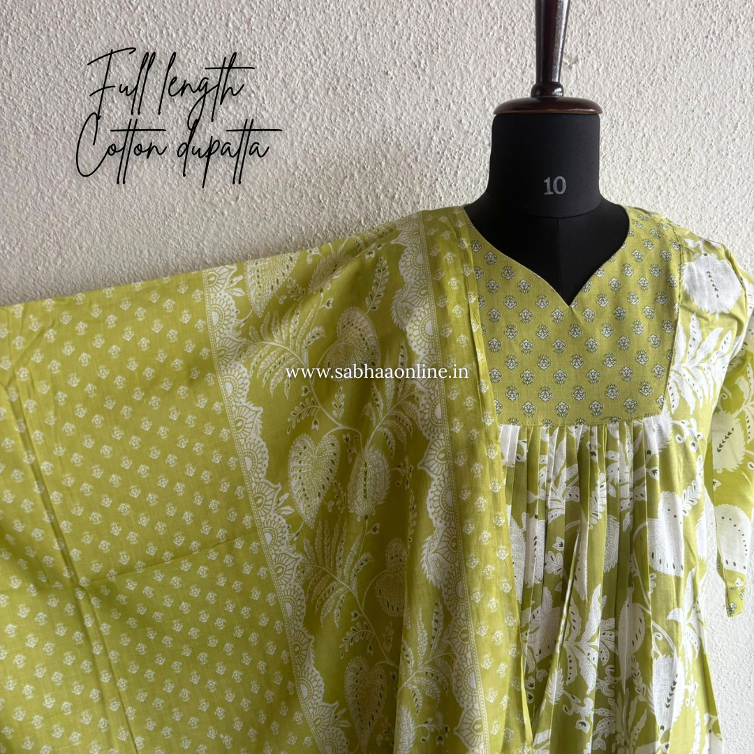 Raina - Pista Green Aline Cotton kurti 3pc set with lining - LN 52
