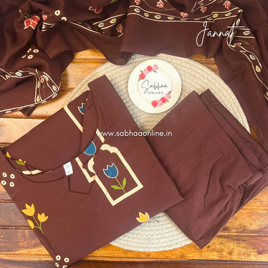 Jannat - Espresso Brown Tulip Cotton kurti 3pc set with lining - LN 76