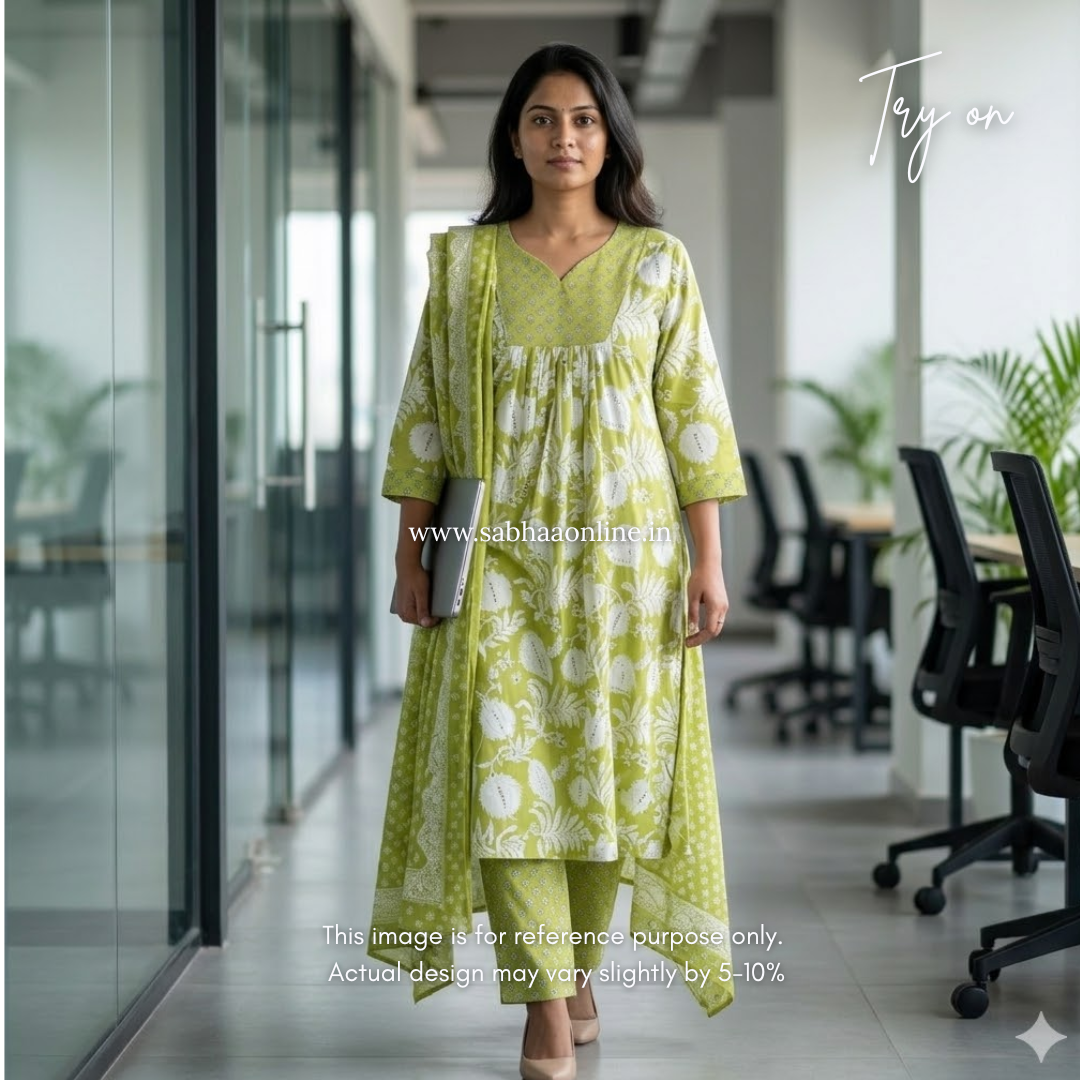 Raina - Pista Green Aline Cotton kurti 3pc set with lining - LN 52