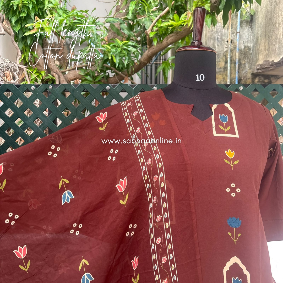 Jannat - Espresso Brown Tulip Cotton kurti 3pc set with lining - LN 76