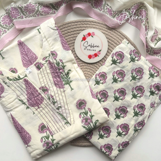 Joshna - Off white and lavendar Cotton kurti 3pc set with lining - LN 55