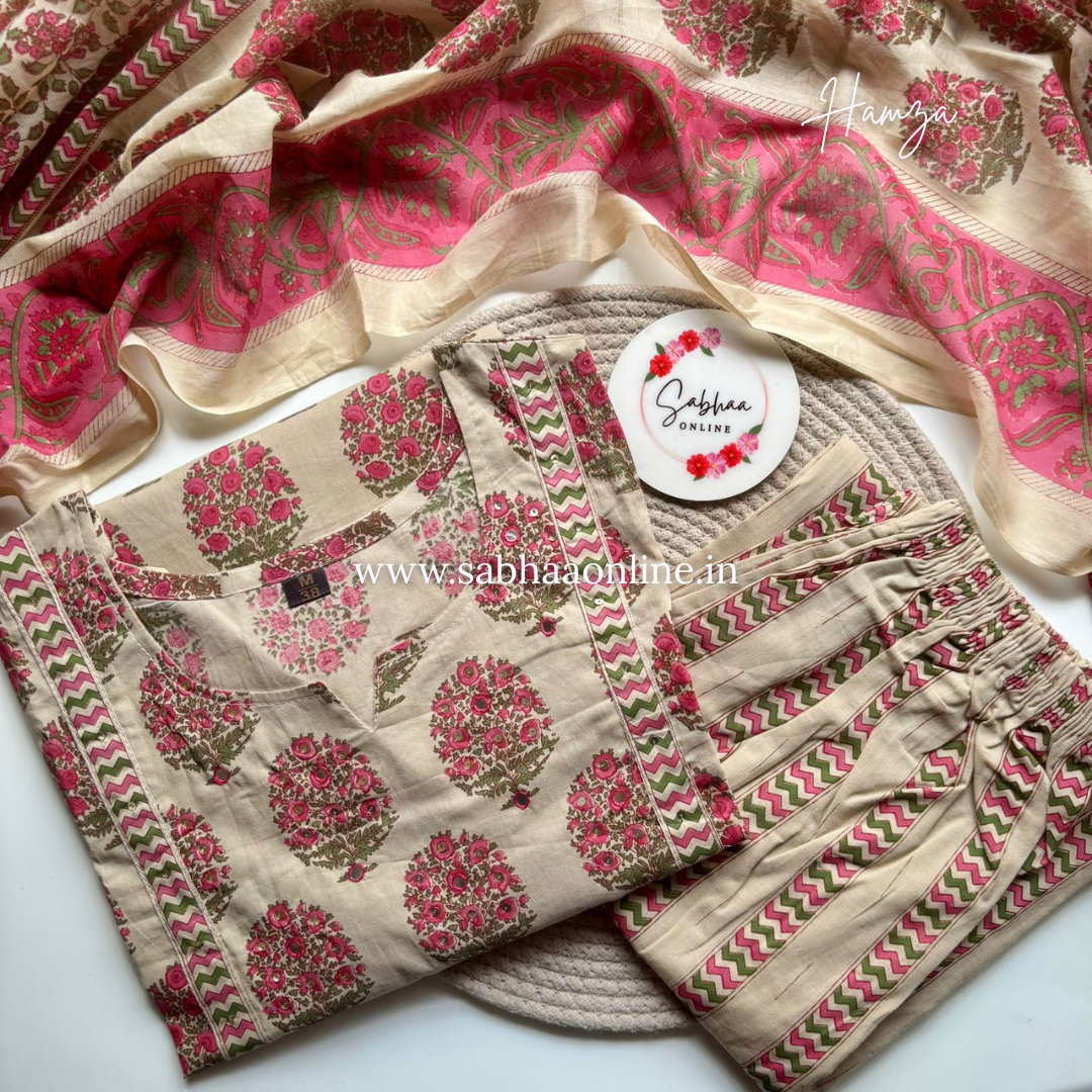 Hamza - Beige and Pink Cotton Kurti 3pc set - LN 57