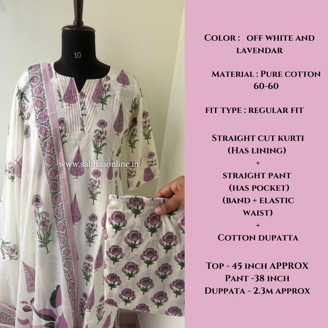 Joshna - Off white and lavendar Cotton kurti 3pc set with lining - LN 55