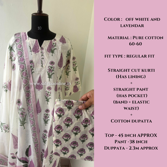 Joshna - Off white and lavendar Cotton kurti 3pc set with lining - LN 55