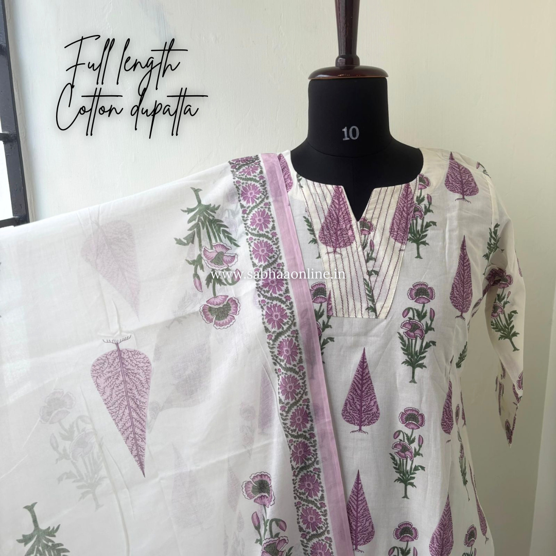 Joshna - Off white and lavendar Cotton kurti 3pc set with lining - LN 55