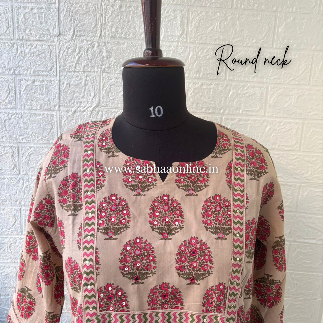 Hamza - Beige and Pink Cotton Kurti 3pc set - LN 57