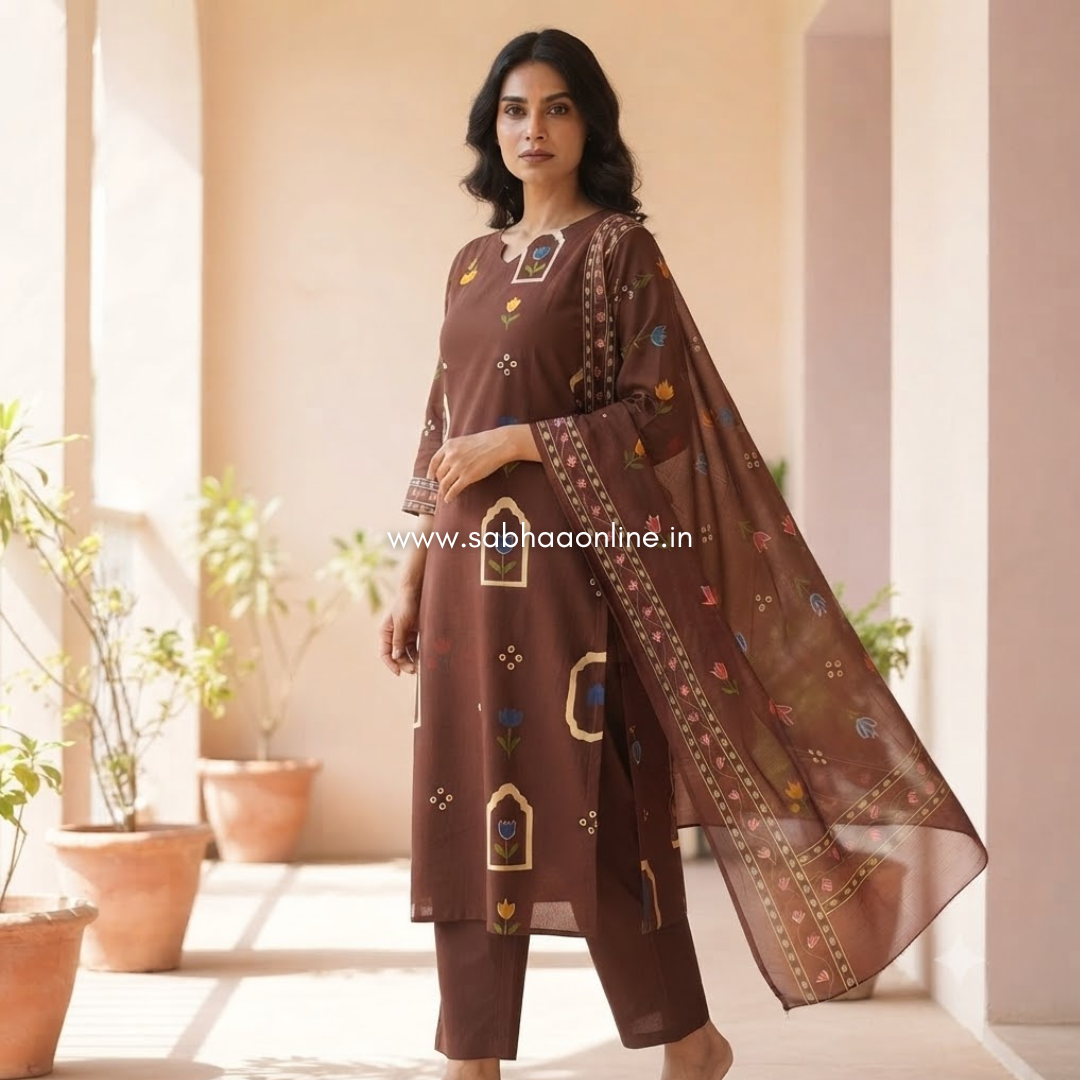 Jannat - Espresso Brown Tulip Cotton kurti 3pc set with lining - LN 76