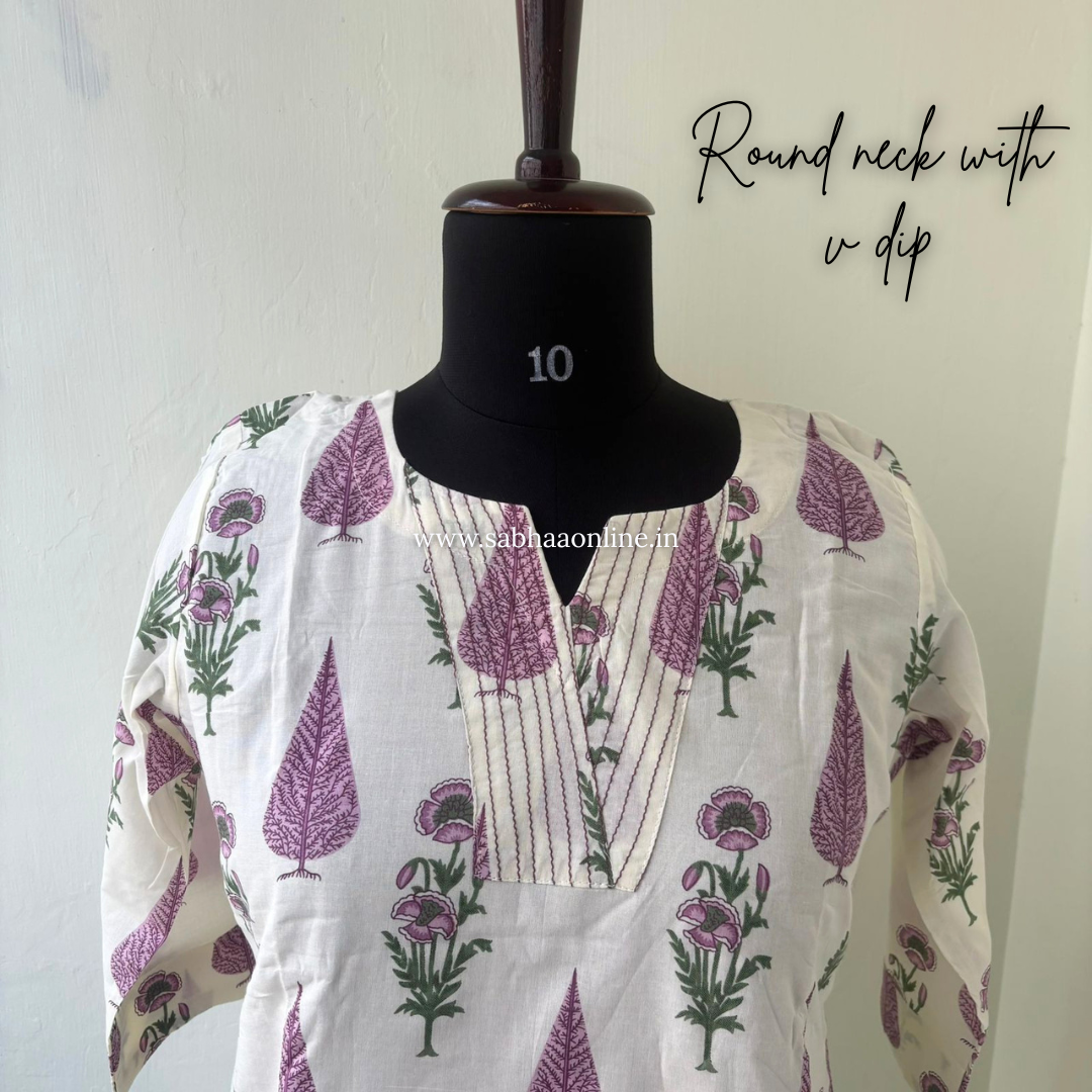 Joshna - Off white and lavendar Cotton kurti 3pc set with lining - LN 55