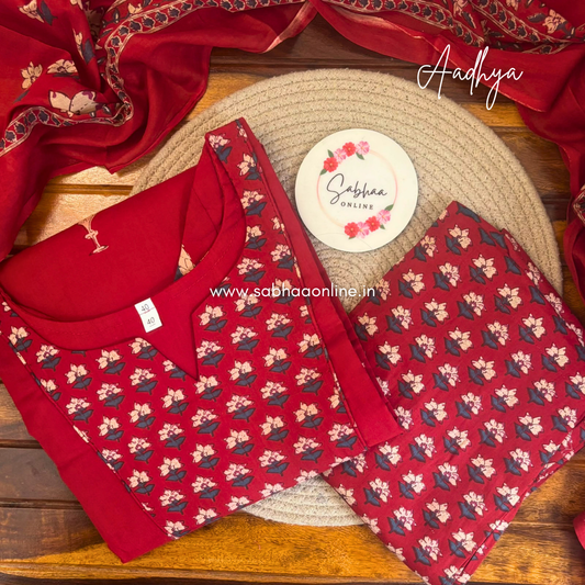 Aadhya - Deep Crimson red Cotton kurti 3pc set with lining - LN 76