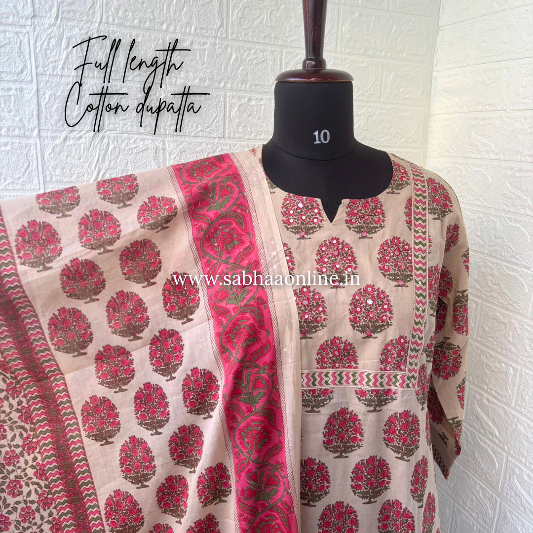 Hamza - Beige and Pink Cotton Kurti 3pc set - LN 57