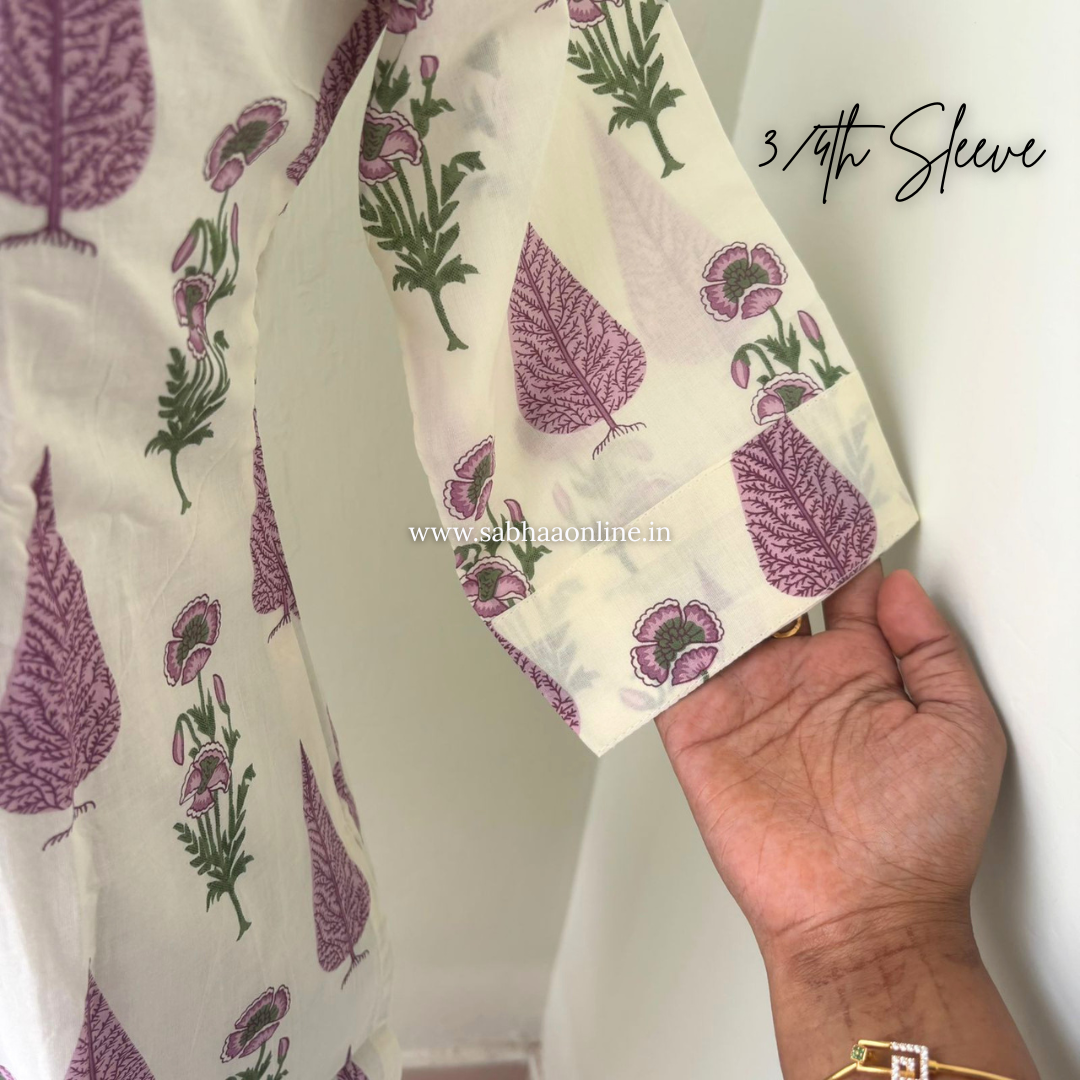 Joshna - Off white and lavendar Cotton kurti 3pc set with lining - LN 55