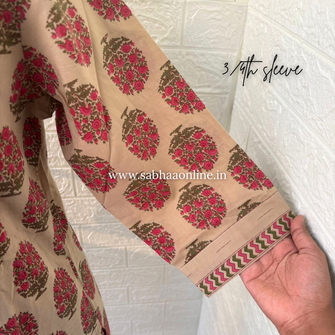 Hamza - Beige and Pink Cotton Kurti 3pc set - LN 57