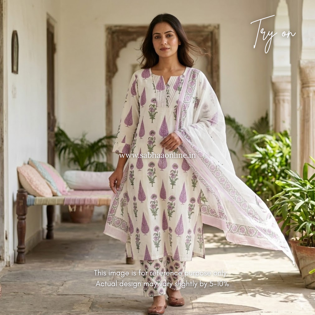 Joshna - Off white and lavendar Cotton kurti 3pc set with lining - LN 55