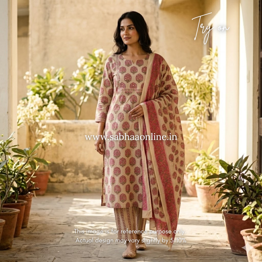 Hamza - Beige and Pink Cotton Kurti 3pc set - LN 57