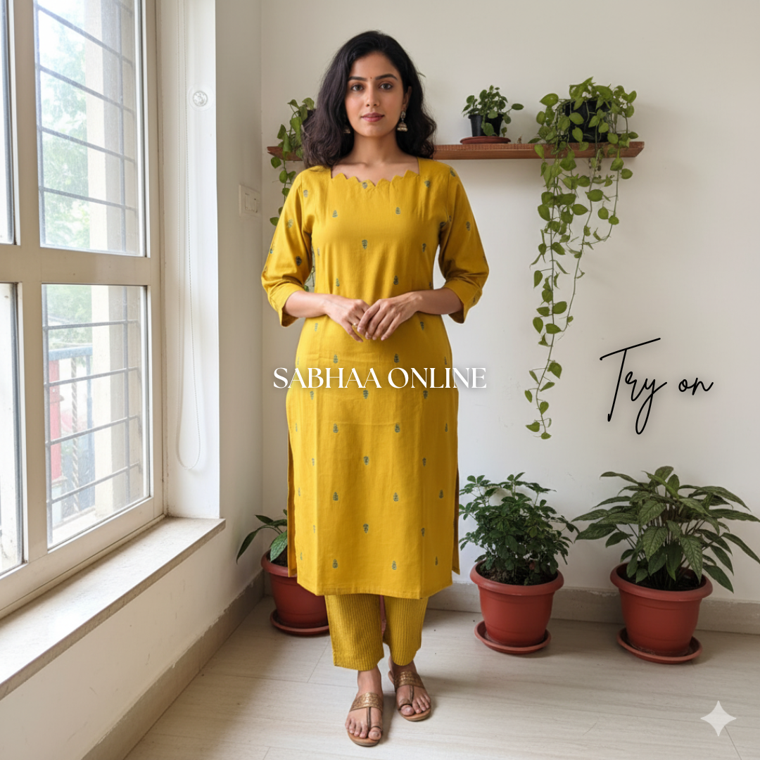 Prasanna - Yellow Weaved Cotton kurti pant set (with lining ) - LN10