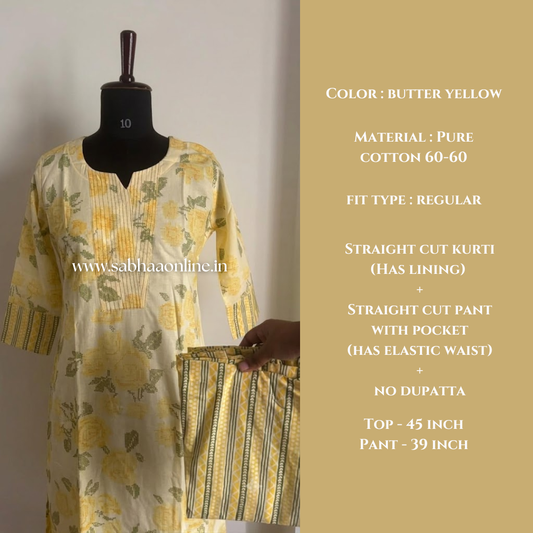 Nayana - Butter yellow cotton kurti pant set with lining (no duppata included)