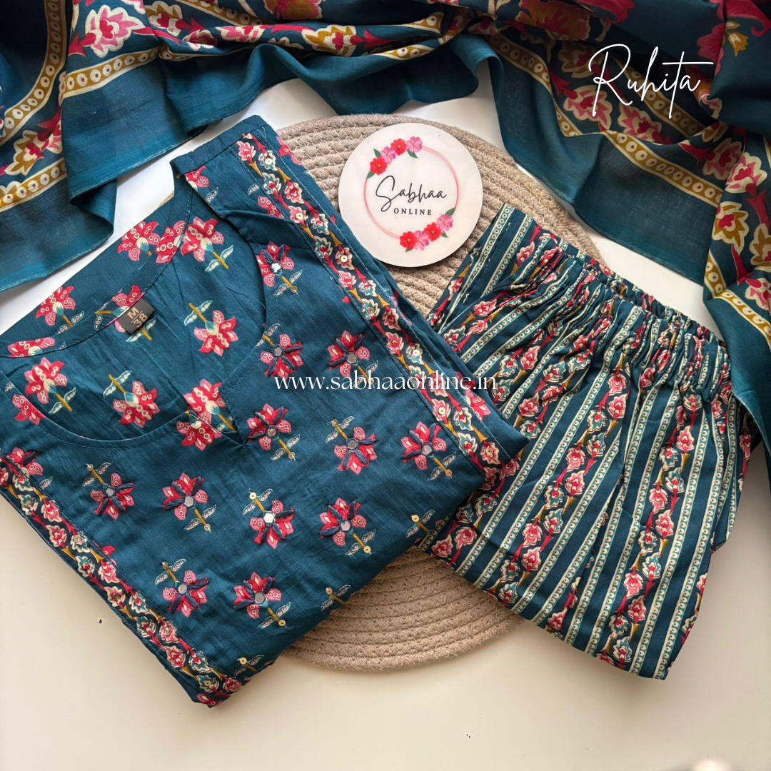 Ruhita - Prussian Blue Cotton kurti 3pc set - LN23