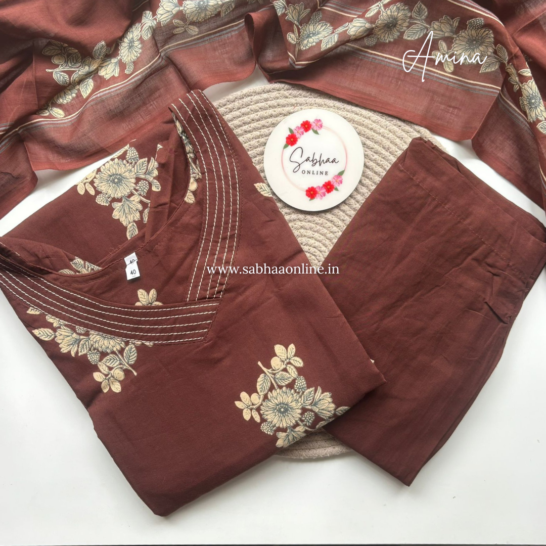 Amina - Earth Brown Cotton kurti 3pc set with lining - LN 55
