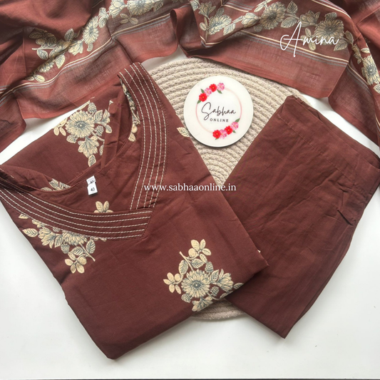 Amina - Earth Brown Cotton kurti 3pc set with lining - LN 55
