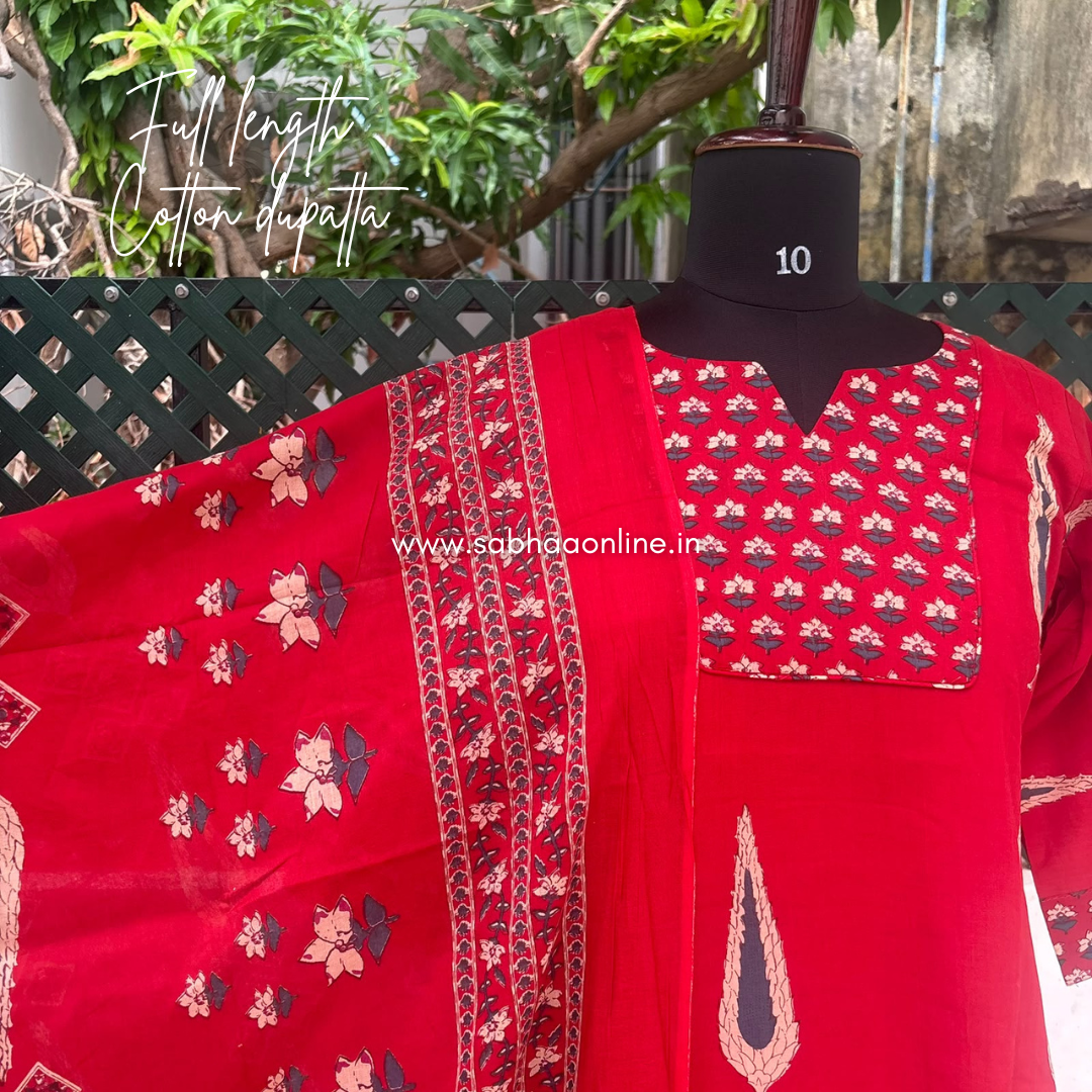 Aadhya - Deep Crimson red Cotton kurti 3pc set with lining - LN 76