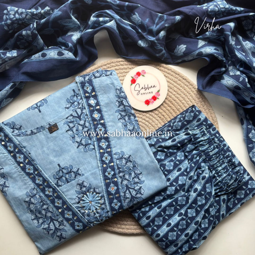 Virha - Ruddy blue and Navy blue Cotton kurti 3pc set - LN 57