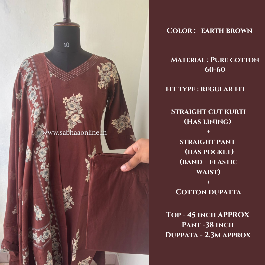 Amina - Earth Brown Cotton kurti 3pc set with lining - LN 55