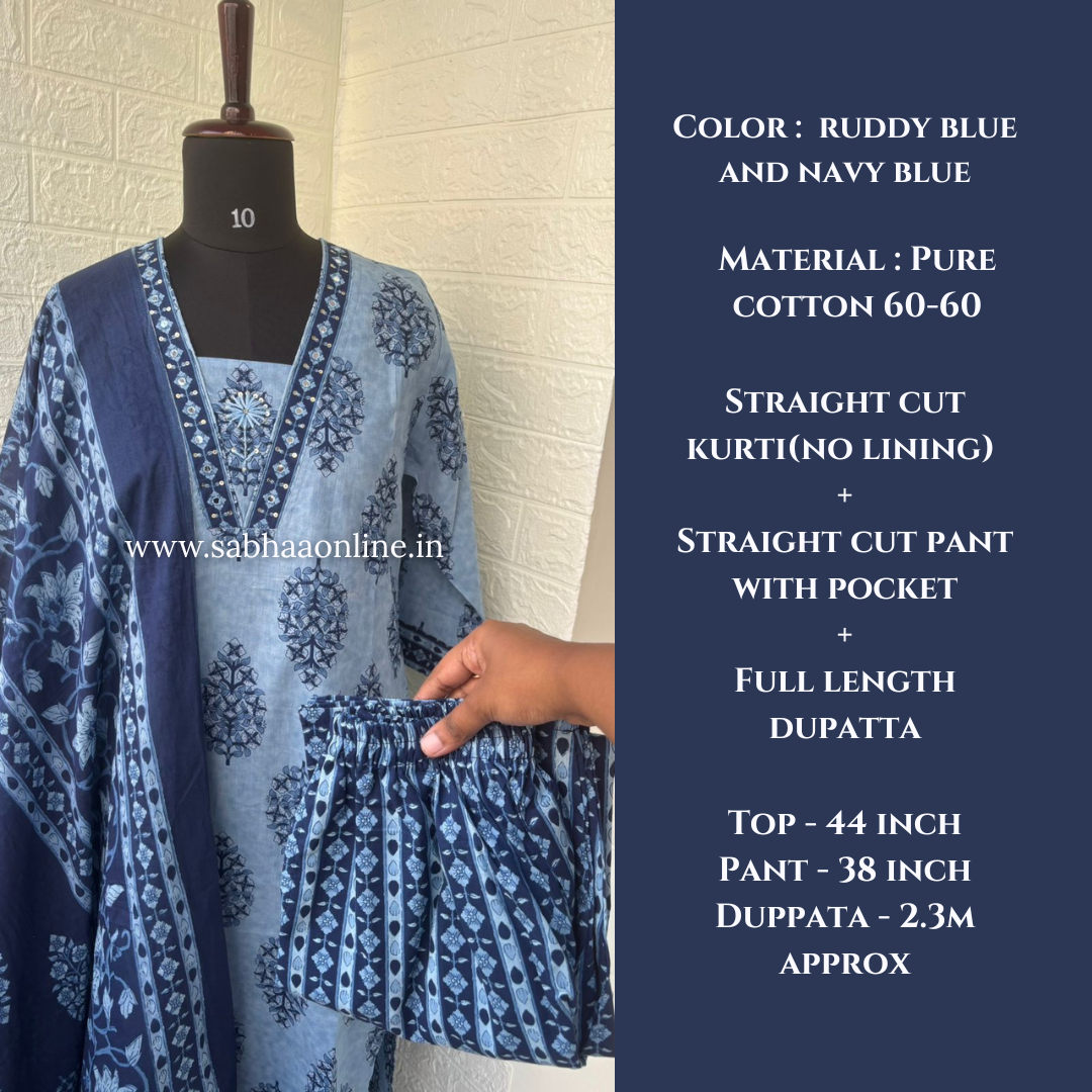 Virha - Ruddy blue and Navy blue Cotton kurti 3pc set - LN 57