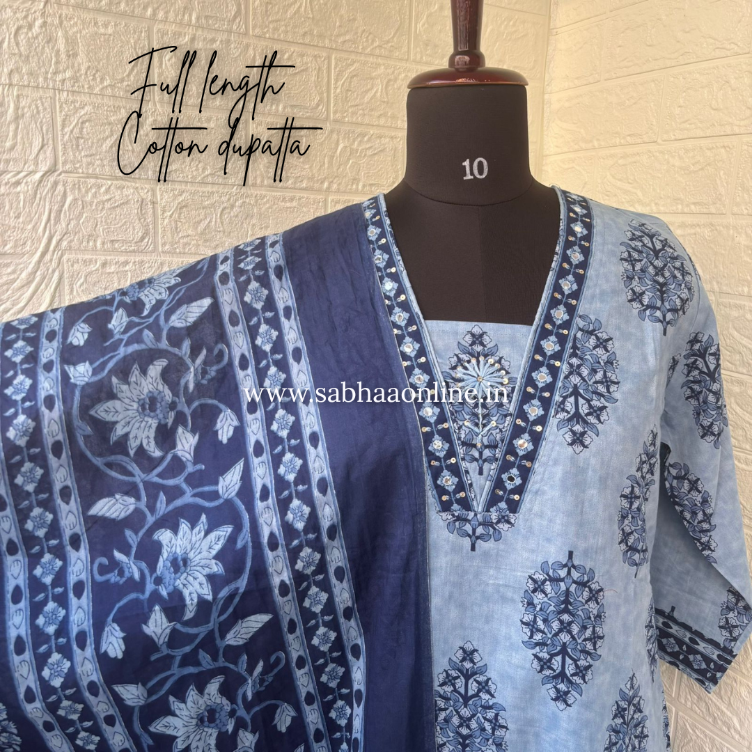 Virha - Ruddy blue and Navy blue Cotton kurti 3pc set - LN 57