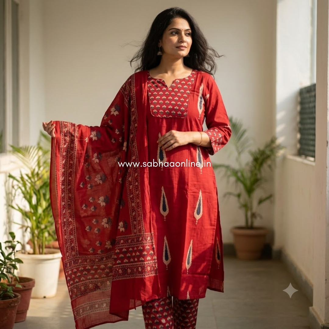 Aadhya - Deep Crimson red Cotton kurti 3pc set with lining - LN 76