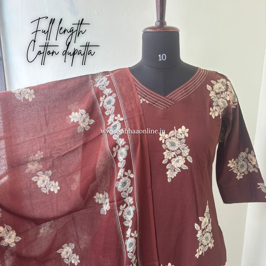 Amina - Earth Brown Cotton kurti 3pc set with lining - LN 55