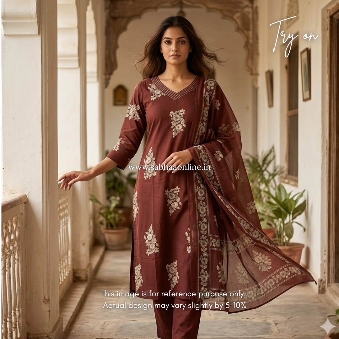 Amina - Earth Brown Cotton kurti 3pc set with lining - LN 55